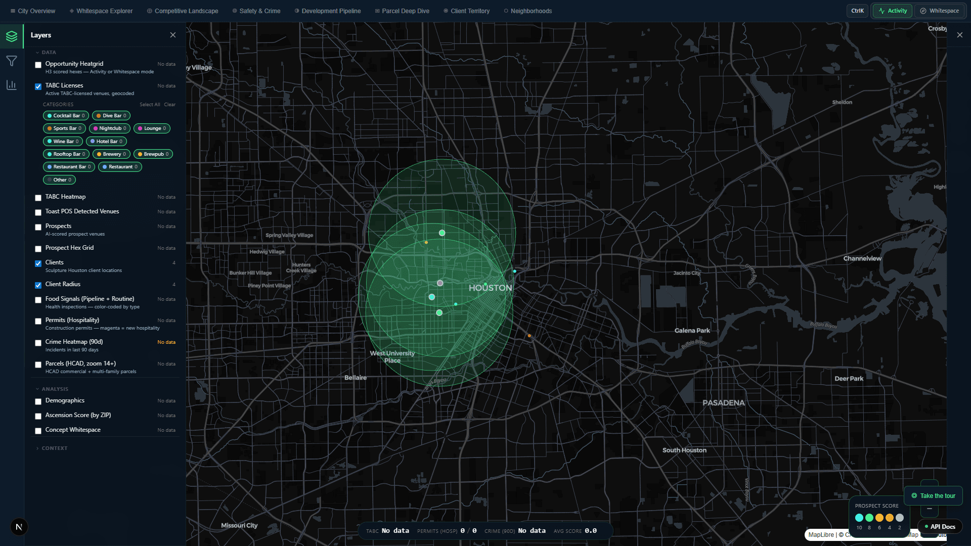AtlasTAP map of Houston showing venue density and trade-area radius